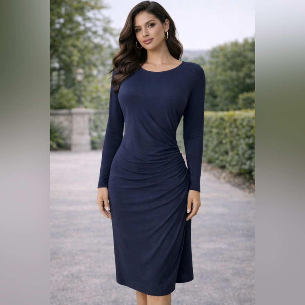 Banana Republic Long Sleeve Sheath Midi Dress Navy Blue Stretch Washable NWT